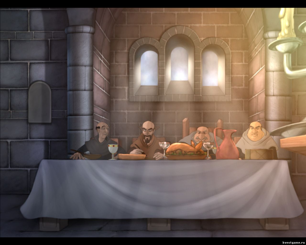 Писарь, Леонардо, аббат и Марсель за столом (Murder in the Abbey (глава 1, финальный ролик первой части))