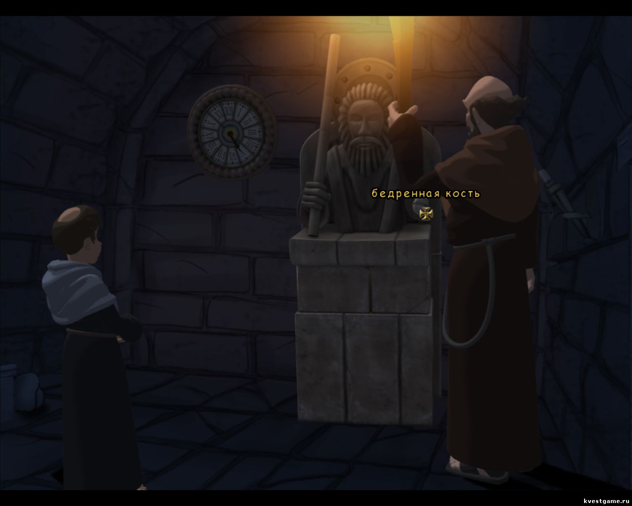 Одна из статуй с часами в склепе (Murder in the Abbey (глава 3, локация Склеп под церковью))