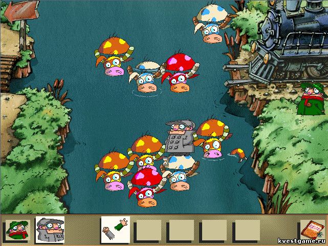 Screenshot из игры Братья Пилоты. Дело о серийном маньяке - локация Переправа на коровах (уровень 7)